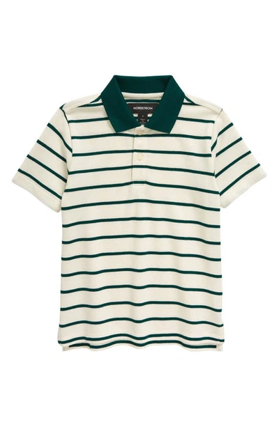 Nordstrom Kids' Stripe Piqué Polo In Ivory- Green Garnet Stripe