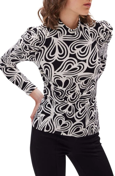 Diane Von Furstenberg Doha Print Puff Shoulder Mock Neck Top In White/black