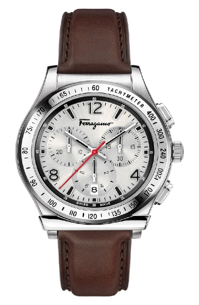 Ferragamo Men's 1898 Chronograph Watch With Leather Strap, Silver/brown In Brown/ Silver