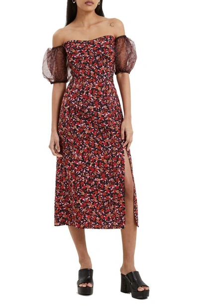 French Connection Clara Floral Off The Shoulder Puff Sleeve Dress In Black