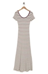 Go Couture Stripe Short Sleeve Rib Maxi Dress In Ivory/ Maroon Stripe