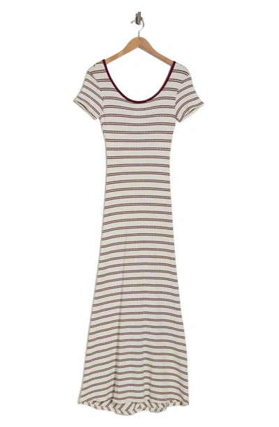 Go Couture Stripe Short Sleeve Rib Maxi Dress In Ivory/ Maroon Stripe