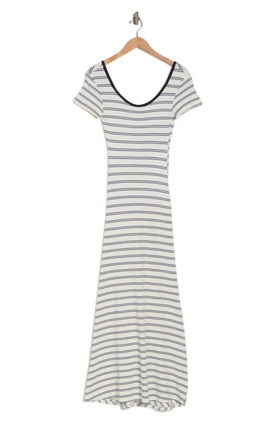 Go Couture Stripe Short Sleeve Rib Maxi Dress In Ivory/ Navy Stripe