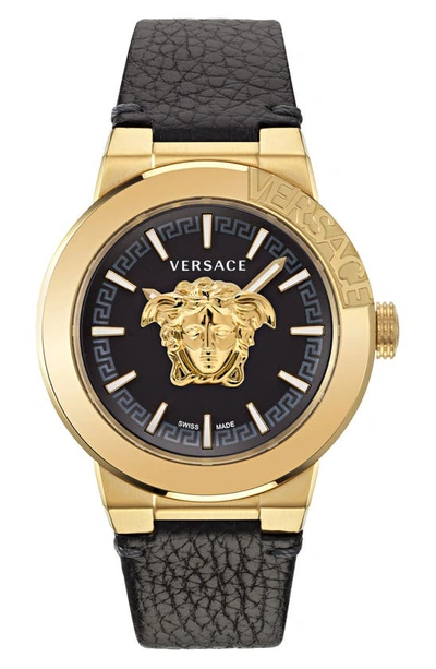 Versace Men's Swiss Medusa Infinite Black Leather Strap Watch 47mm In Ip Yellow Gold