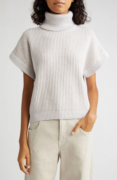 Eleventy Short Sleeve Turtleneck Sweater In Sabbia E Bianco