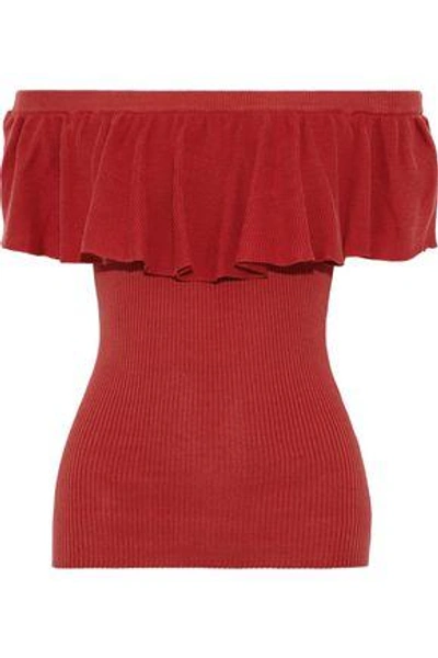 Autumn Cashmere Off-the-shoulder Ruffled Ribbed Cotton Top In Brick