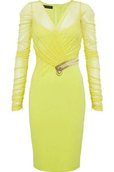 Versace Woman Crystal-embellished Ruched Mesh And Crepe Dress Chartreuse