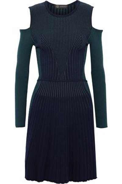 Versace Woman Cold-shoulder Ribbed Two-tone Wool-blend Dress Navy