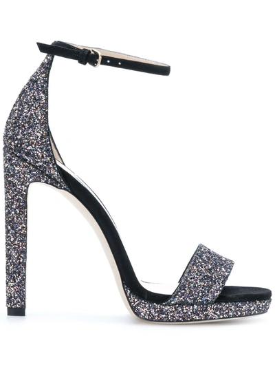 Jimmy Choo Misty 120 Glittered Leather And Suede Platform Sandals In Black