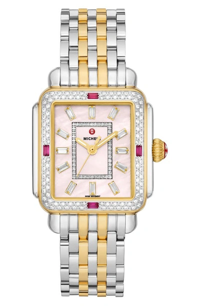 Michele Limited Edition Deco Two Tone 18k Gold Plated Diamond Watch, 30mm X 35mm In Pink/two-tone