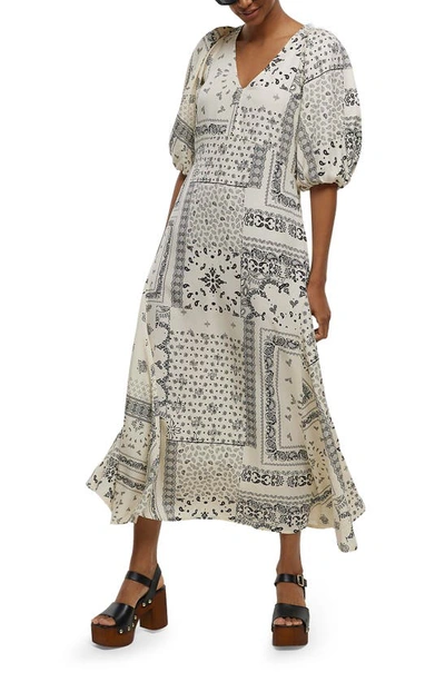 River Island Paisley Patchwork Puff Sleeve Midi Dress In Cream