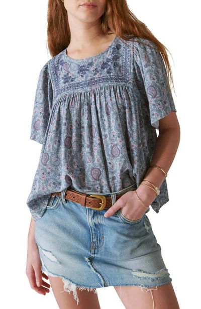 Lucky Brand Embroidered Short Sleeve Top In Dusty Blue Paisley