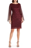 Connected Apparel Cape Long Sleeve Lace Cocktail Dress In Bordeaux 1