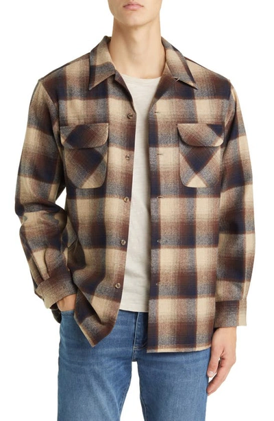 Pendleton Board Plaid Wool Flannel Button-up Shirt In Brown/ Navy Ombre
