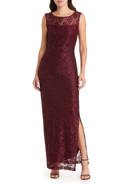 Connected Apparel Stretch Lace Gown In Bordeaux 1