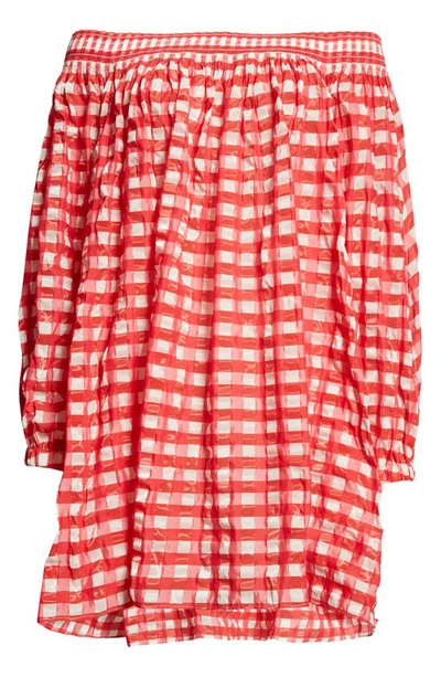 Alaïa Gingham Off The Shoulder Long Sleeve High-low Dress In Rouge/ Fuchsia