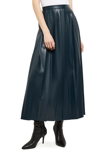 Misook Pleated Faux Leather A-line Midi Skirt In Blue