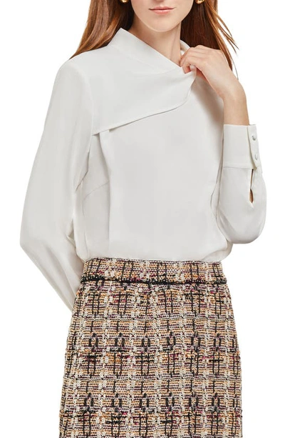 Misook Draped High Neck Crepe De Chine Blouse In White