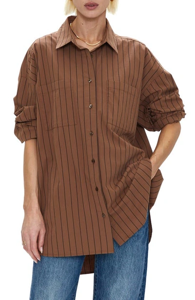 Pistola Rena Oversize Stripe Stretch Cotton Button-up Shirt In Chestnut Noir Stripe