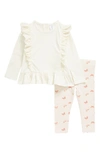 Nordstrom Babies' Ruffle Sweatshirt & Leggings Set In Ivory Pristine- Pink Butterfly