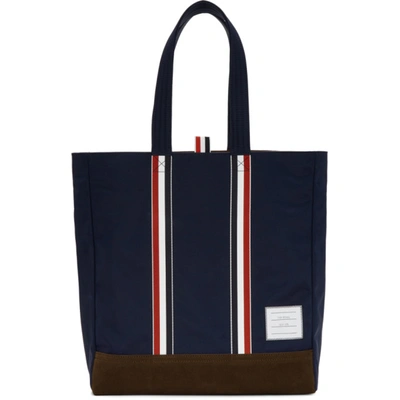 Thom Browne Navy Blue Stripe Unstructured Nylon And Suede Tote Bag