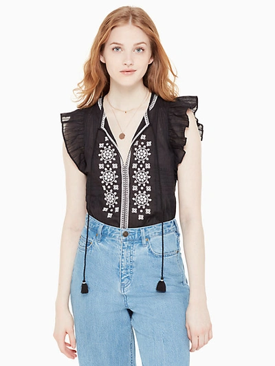 Kate Spade Mosaic Embroidered Tassel Top In Black