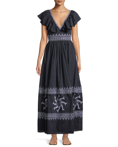 Le Sirenuse Frida V-neck Sleeveless A-line Cotton Maxi Dress In Dark Blue
