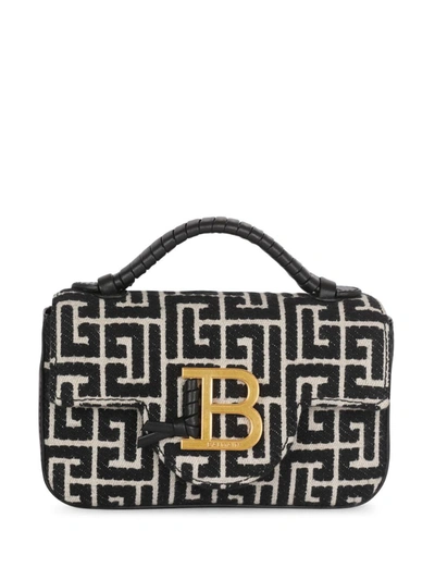 Balmain B-buzz Mini Black And White Handbag With Logo Buckle And Monogram In Jacquard Canvas Woman In Animal Print