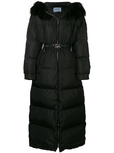 Prada Fur-hood Cinch-waist Long Quilted Puffer Coat In Black