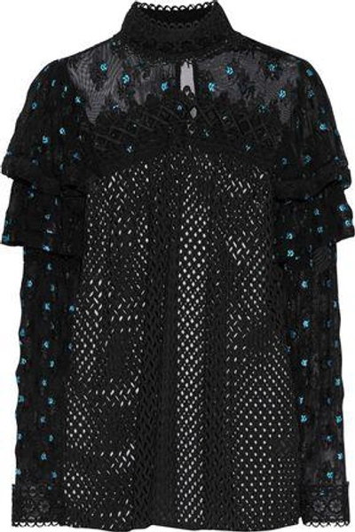 Anna Sui Woman Embroidered Tulle-paneled Open-knit Blouse Black