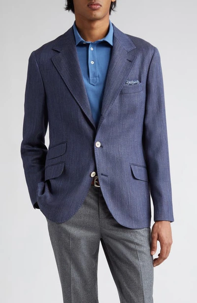 Brunello Cucinelli Herringbone Wool, Silk & Linen Blazer In C007-denim