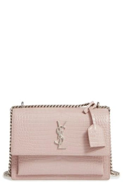 Saint Laurent 'medium Monogram Sunset' Croc Embossed Leather Shoulder Bag - Pink In Rose Antique