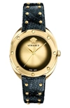 Versace 38mm Shadov Diamond Leather Watch, Black/champagne In Gold/black