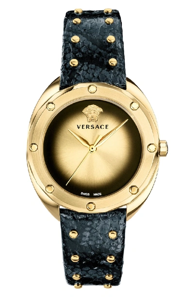 Versace 38mm Shadov Diamond Leather Watch, Black/champagne In Gold/black