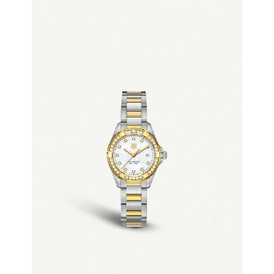 Tag Heuer Aquaracer 300m Quartz Stainless Steel And 18k Yellow Gold Watch With Diamonds, 27mm In Silver/gold