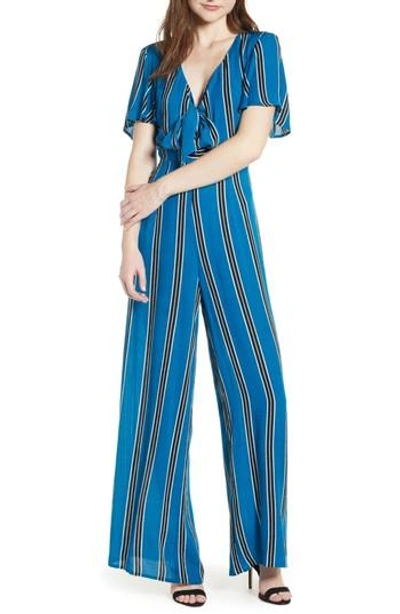 Band Of Gypsies Knot Front Stripe Jumpsuit In Blue/ Black