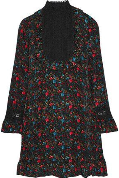 Anna Sui Guipure Lace-paneled Floral-print Silk-blend Dress In Black