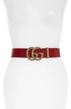Gucci Moon Leather Belt W/ Textured Gg Buckle, 1.5"w In Hibiscus Red