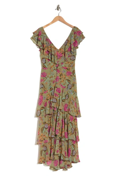 wayf green floral dress Zapaka Women Grey Green Printed Flower Bridesmaid Dress with Slit Square Neck Chiffon Wedding Guest Dress, Dusty Sage / US20W main image 0