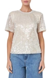 Grey Lab Sequin Padded Shoulder Back Cutout Top In Nude Pink