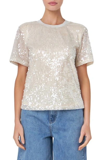 Grey Lab Sequin Padded Shoulder Back Cutout Top In Nude Pink