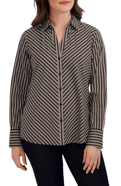Foxcroft Mary Stripe Stretch Button-up Shirt In Almond/ Black