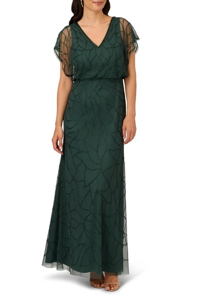 Adrianna Papell Beaded Mesh Blouson Gown In Dusty Emerald