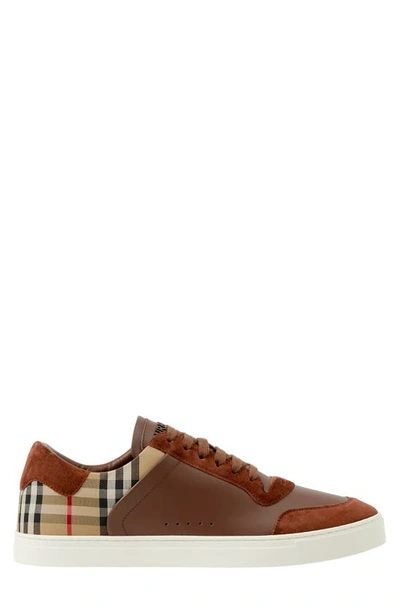 Burberry Stevie Leather & Canvas Check Sneaker In Ox/ Arbeige Ip Check