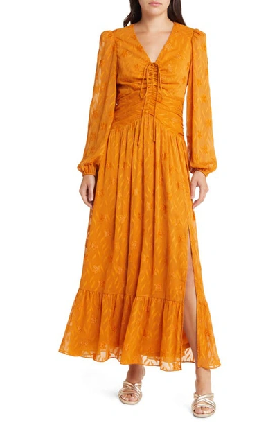 Floret Studios Floral Ruched Long Sleeve Pliss Midi Dress In Dark Mustard  | ModeSens
