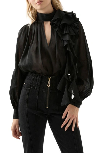 Aje Aura Ruffle Long Sleeve Linen & Silk Blouse In Black