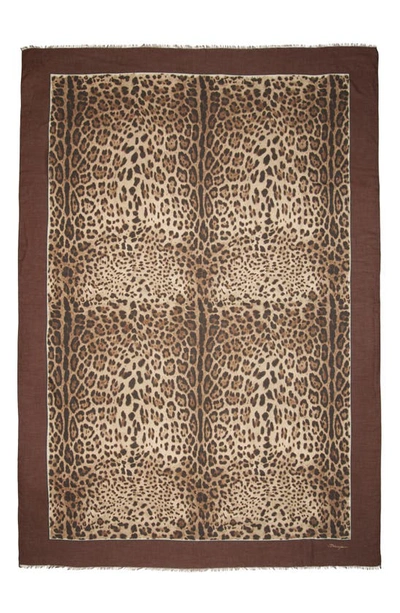Dolce & Gabbana Leopard Print Signature Border Scarf In Brown