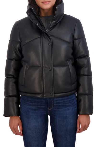 Sebby Faux Leather Short Puffer Jacket In Black