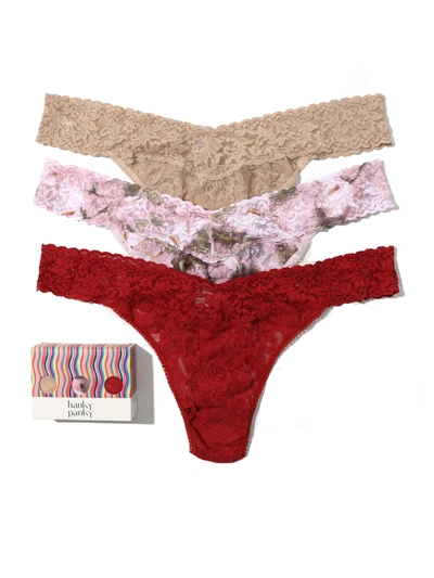 Hanky Panky 3 Pack Plus Size Signature Lace Original Rise Thongs Antique Lily In Brown