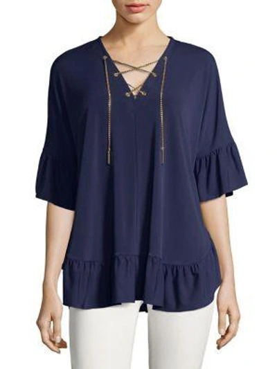 Michael Michael Kors Ruffle-trimmed Chain Lace-up Top In True Navy